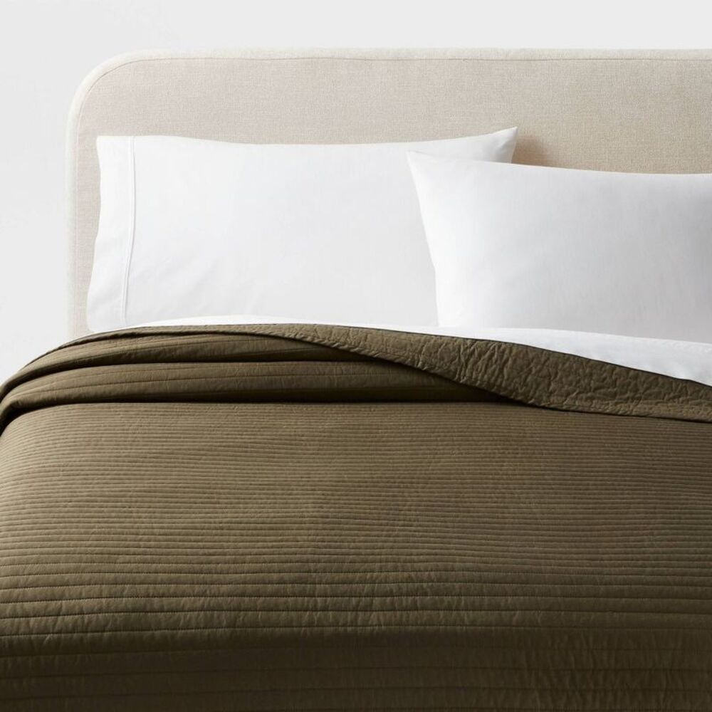 King 250TC Washed Cotton Sateen Quilted Bedspread - Dark Olive Green